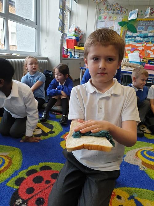 Damp tissue on fresh bread.