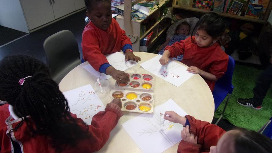 Creating Autumn Tree Pictures using cotton buds