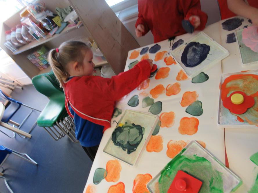 We used the colours we had mixed to print our own patterns in Nursery