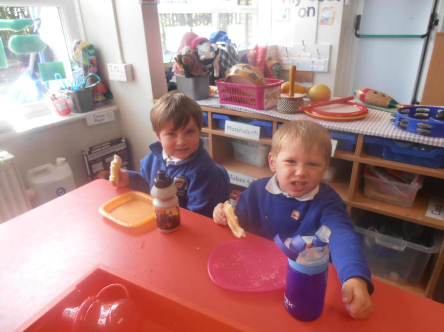 Enjoying bread for our snack!