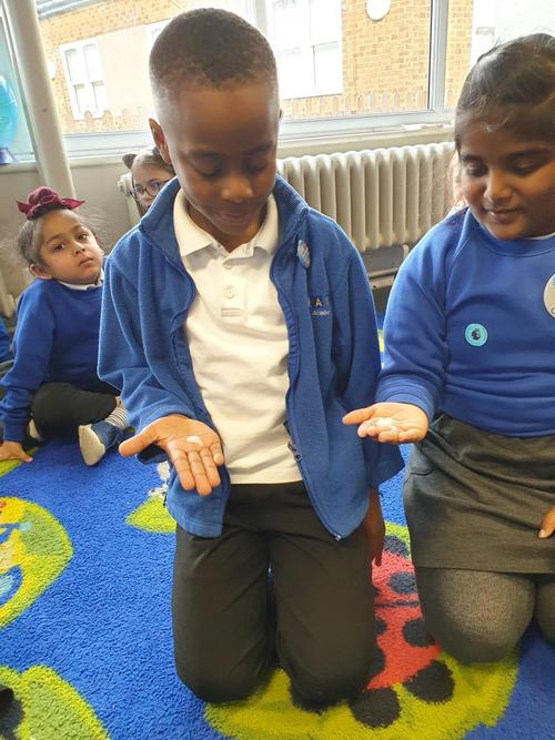 Hand sanistiser on our hands.