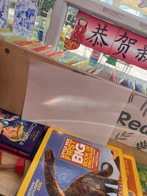 During science week, we made our own rainbow using water, a glass and white paper. 